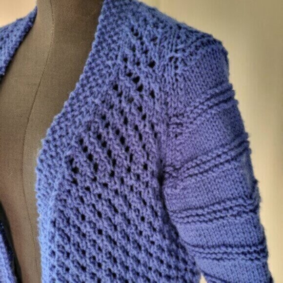 Crocheted Handcrafted Blue Cardigan Sweater Sz Large - Picture 4 of 6